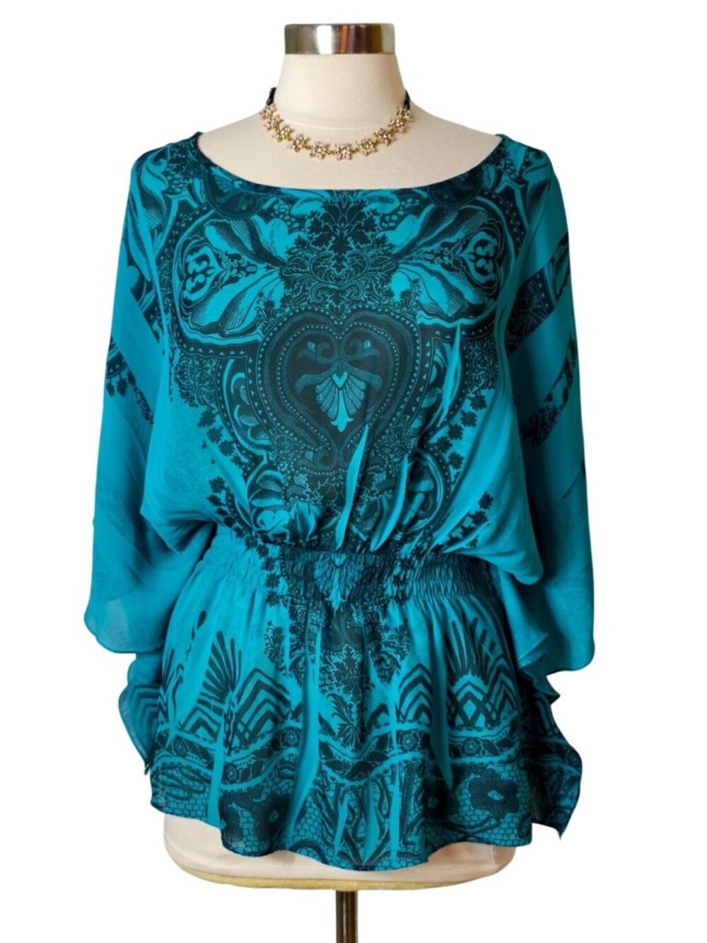 Cato Womens L Teal Boho Blouse Bell Sleeves Smocked Waist Lightweight Flowy
